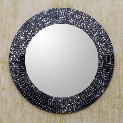 'Star-Themed Tinted Glass Mosaic Mirror with Round Wood Frame'