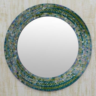 'Wood-Framed Round Mirror with Glass Mosaic in Blue & Green'