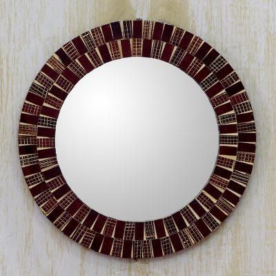 'Avant-Garde Glass Wall Mirror with Round Burgundy Frame'