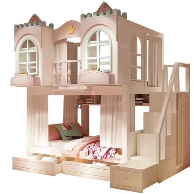 Wooden Bunk Bed for Girls Tree House Design Princess Theme Double Deck High Low Frame Kids Bedroom Furniture