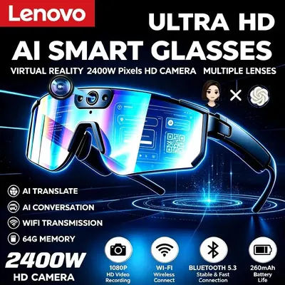 Nouvelles lunettes intelligentes Lenovo ChatGPT, caméra HD 2400W, stabilisation anti-tremblement, lunettes de soleil de sport pour le vélo, vidéo et photo, double microphone, 64 Go, lunettes anti-vent