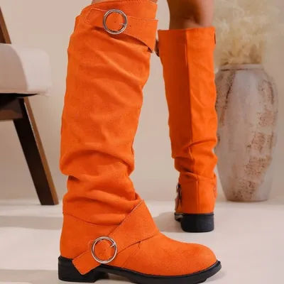 Bottes hautes style western, confortables à talon bas, avec tige froissée