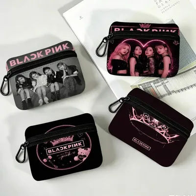 B-Black Kpop P-Pinks Gril Petite pochette multifonction en tissu Oxford avec crochet, mini porte-monnaie, sac de rangement pour écouteurs