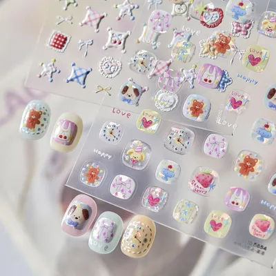 5D Relief Nail Stickers Cute Cartoon Nail Art Stickers Sweet Checkered Pillows Adhesive Transfer Sliders Nail Decorations Decals