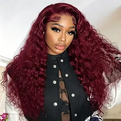 99J Burgundy Red Wine Deep Wave Brazilian Remy Human Hair Wig 13x4 13x6 HD Transparent Lace Frontal Wig Pre Plucked Baby Hair 200% Density Minimal Shed Tangle Free Heat Resistant Long Wigs For Women 40 42 Inch