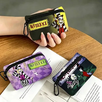 Portefeuille miniature Tim Burton Horror B-Beetlejuice en tissu Oxford avec design de mousqueton, petit sac à monnaie pour cartes, clés et écouteurs.