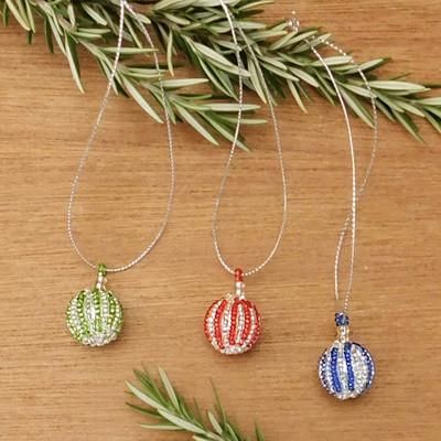 Christmas Sparks,'Multicolor Set of 3 Glass Beaded Ornaments with Silver Hues'