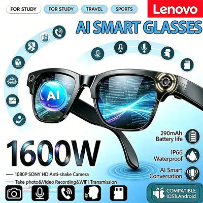 Lunettes Intelligentes Lenovo 8KHD 1600W AI avec Traduction en Temps Réel, Double Caméra, Appel Bluetooth, Enregistrement Audio/Vidéo, Lecture Musicale, Lunettes de Soleil 2026
