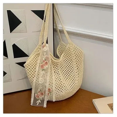 Sac tissé grande capacité pour femme, sac à bandoulière décontracté en paille et osier, sac fourre-tout de plage d'été fait main pour femme