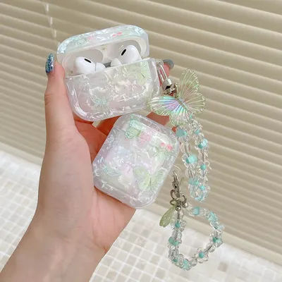 Étui AirPods 1 2 3 4 Pro 2, étui à Texture de coquille de papillon de jardin de fleurs fraîches avec Bracelet Floral pour AirPod Pro2