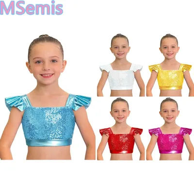 Haut de danse jazz pour filles, col carré, manches bouffantes, paillettes scintillantes, haut court métallique