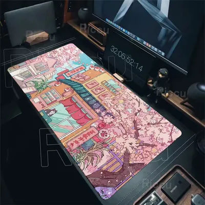 Tapis de souris Anime Cat, rose, paysage de rue aux fleurs de cerisier, tapis de souris pour PC de jeu, accessoires de bureau, tapis de bureau XXL