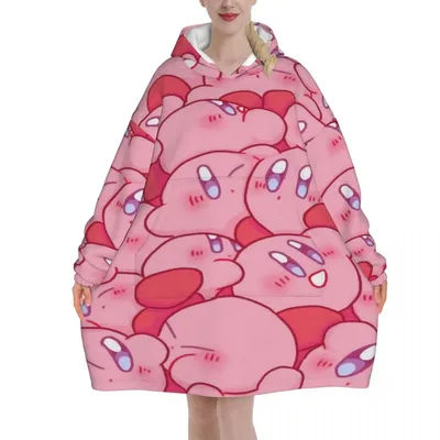 Pink Kirbys Funny Game Wearable Blanket Hoodie for Women Men Oversized Sweatshirt Blanket with Pocket