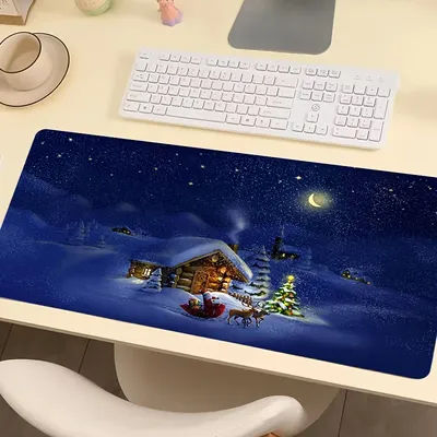 Tapis de bureau scène cabane de Noël, grand tapis de souris de jeu étendu en caoutchouc antidérapant, nuit d'hiver