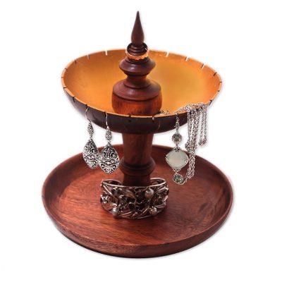 Golden Fountain,'Suar Wood and Coconut Shell Jewelry Stand from Bali'