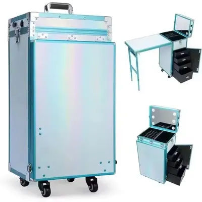 Rolling Manicure Table Foldable Nail Table Makeup Train Case Trolley Travel Storage Organizer with 4 Drawers Mirror & Speaker