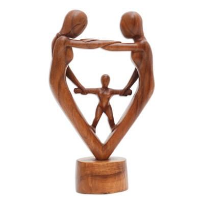 'Hand-Carved Parents and Child Blessing Suar Wood Statuette'