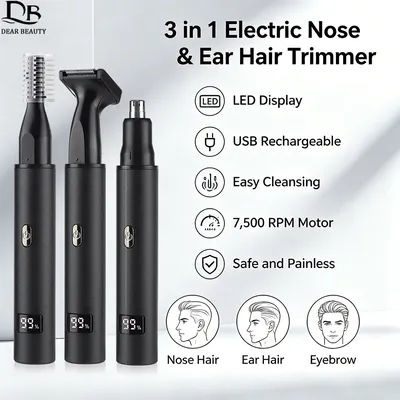 Tondeuse électrique 3 en 1 pour le nez et les oreilles, pour homme, sans douleur, pour sourcils, pattes, barbe, épilateur facial, mini rasoir