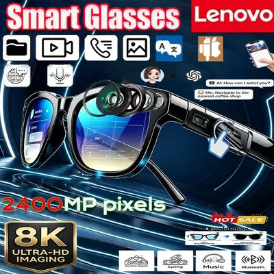 Lunettes intelligentes Lenovo 8K 2400MP avec IA, traduction vidéo, photo HD, appels mains libres, chat IA, lecture de musique, lunettes de soleil intelligentes