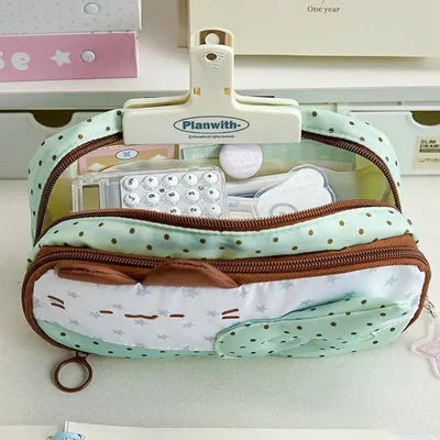 Trousse à crayons de grande capacité, motif à pois, design oreilles de chat, sac de papeterie, taille portable, style patchwork