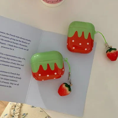 Étui de protection brillant pour écouteurs AirPods 1 2 3 4 5 Pro 2 Pro 3, motif adorable à pois blancs et fraises rouges, avec pendentif charm