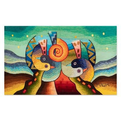 'Bird Geometric-Themed Hand-Loomed Alpaca Blend Tapestry'