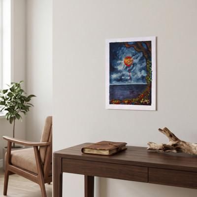 Blood Moon,'Signed Acrylic on Paper Expressionist Painting of Blood Moon'