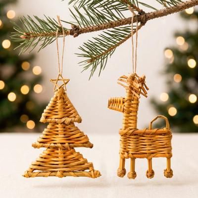 'Set of 2 Tree & Reindeer-Themed Natural Fiber Ornaments'