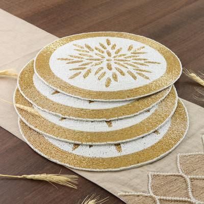 Victorious Banquet,'Set of 4 Classic Golden and White Glass Beaded Placemats'