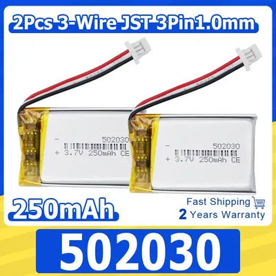 2 batteries au lithium 3.7v 250mah 0.925Wh, 502030 Li-ion, 3 fils JST 3pin1.0mm, pour DashCam GSP, souris, haut-parleur Bluetooth, casque
