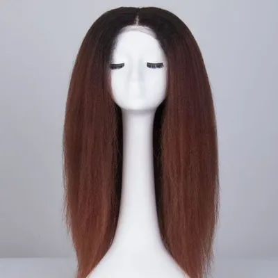 Soft Short 20Inch Ombre Brown 180% Density Kinky Straight Lace Front Wig For Women Baby Hair Synthetic Preplucked Glueless