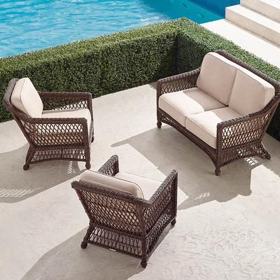 Hampton 3-pc. Loveseat Set in Driftwood Wicker - Standard, Linen Flax with Logic Bone Piping - Frontgate