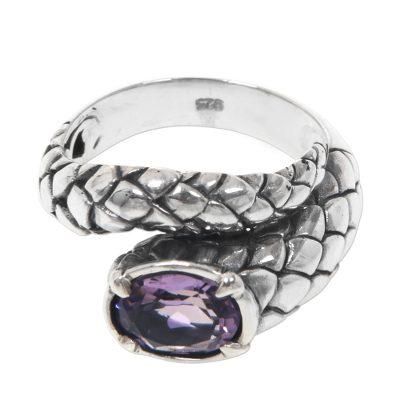 Snake Tail,'Amethyst and Sterling Silver Cocktail Ring with Snake Motif'