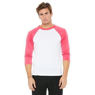 Bella + Canvas 3200 3/4-Sleeve Baseball T-Shirt in White/Neon Pink size Medium | Ringspun Cotton B3200, BC3200