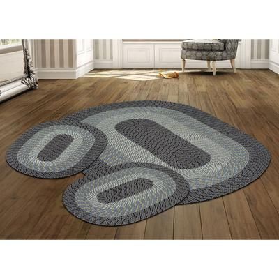 Country Braid Collection 3pc Set Stain Resistant Reversible Indoor Oval Area Rug by Better Trends in Blue Natural Stripe