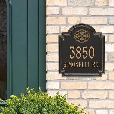 Designer Square Wall Address Plaque - Black/Gold Plaque with Rope Monogram, Estate, 2 Lines - Frontgate