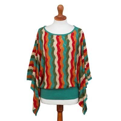 Tropical Heatwaves,'Green and Scarlet Vertical Stripe Alpaca Blend Sweater'