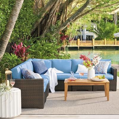 Small Palermo Modular Seating Collection in Bronze Wicker - Right-facing Chair, Standard, Rain Resort Stripe Dove - Frontgate