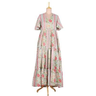 Floral Symphony,'Flutter Sleeve Cotton Maxi Dress from India'