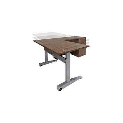 Pneumatic Lift Height Adjustable Managers L-Desk in Modern Walnut