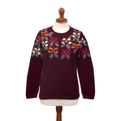 Burgundy Garden,'Burgundy Floral Intarsia Knit 100% Alpaca Sweater'