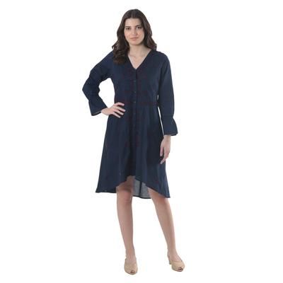 Lucknow Blossoms,'High-Low Dark Blue Embroidered Cotton Shirtdress'
