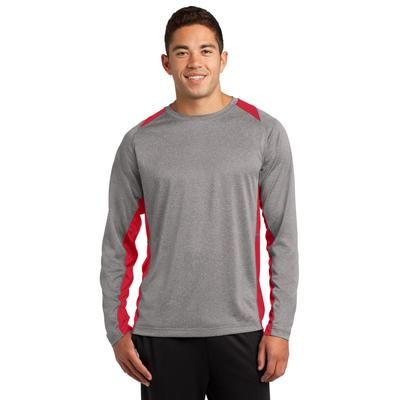 Sport-Tek ST361LS Long Sleeve Heather Colorblock Contender Top in Vintage Heather/True Red size 2XL | Polyester