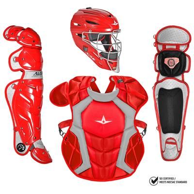 All Star System7 NOCSAE Certified Adult Pro Baseball Catcher's Kit Scarlet