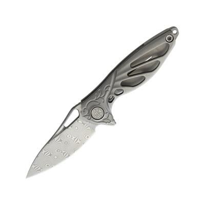Rike Knife Hummingbird Framelock Folding Knife 1.63in Damasteel Ds93X Drop Point Satin Titanium Handle Pocket Clip Thumb Pull Black Kydex Neck Sheath