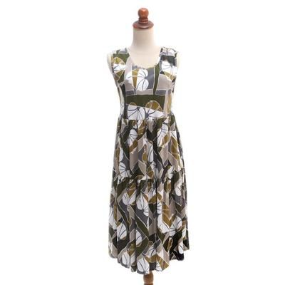 Garden Party,'Hand Crafted Leaf-Themed Rayon Sundress from Bali'