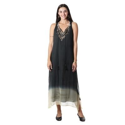 'Tie-Dyed Viscose Sleeveless Sundress with Glass Bead Detail'