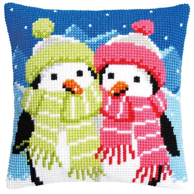 Devant de coussin à broder "pingouins en hiver"
