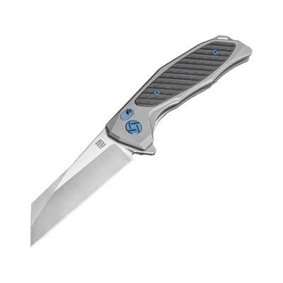 Artisan Cutlery Megahawk Framelock Folding Knife 5in Closed 3.75in Satin S35Vn SS Modified Tanto Blade Gray Titanium Handle With Carbon Fiber Inlay