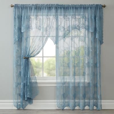 Wide Width Ella Floral Lace Panel with Attached Valance by BrylaneHome in Cornflower Blue (Size 58" W 84" L) Window Curtain